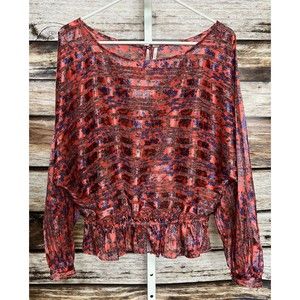 Free People Pink Floral Smocked Sheer Long Sleeve Top Women’s Medium